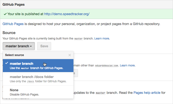 Screenshot showing how to enable GitHub Pages